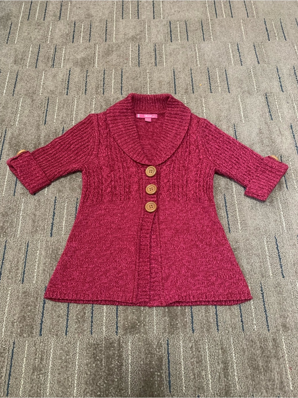 Takeout Girls Magenta Cable Knit Short Sleeve Cardigan Sweater Shawl Collar M 10